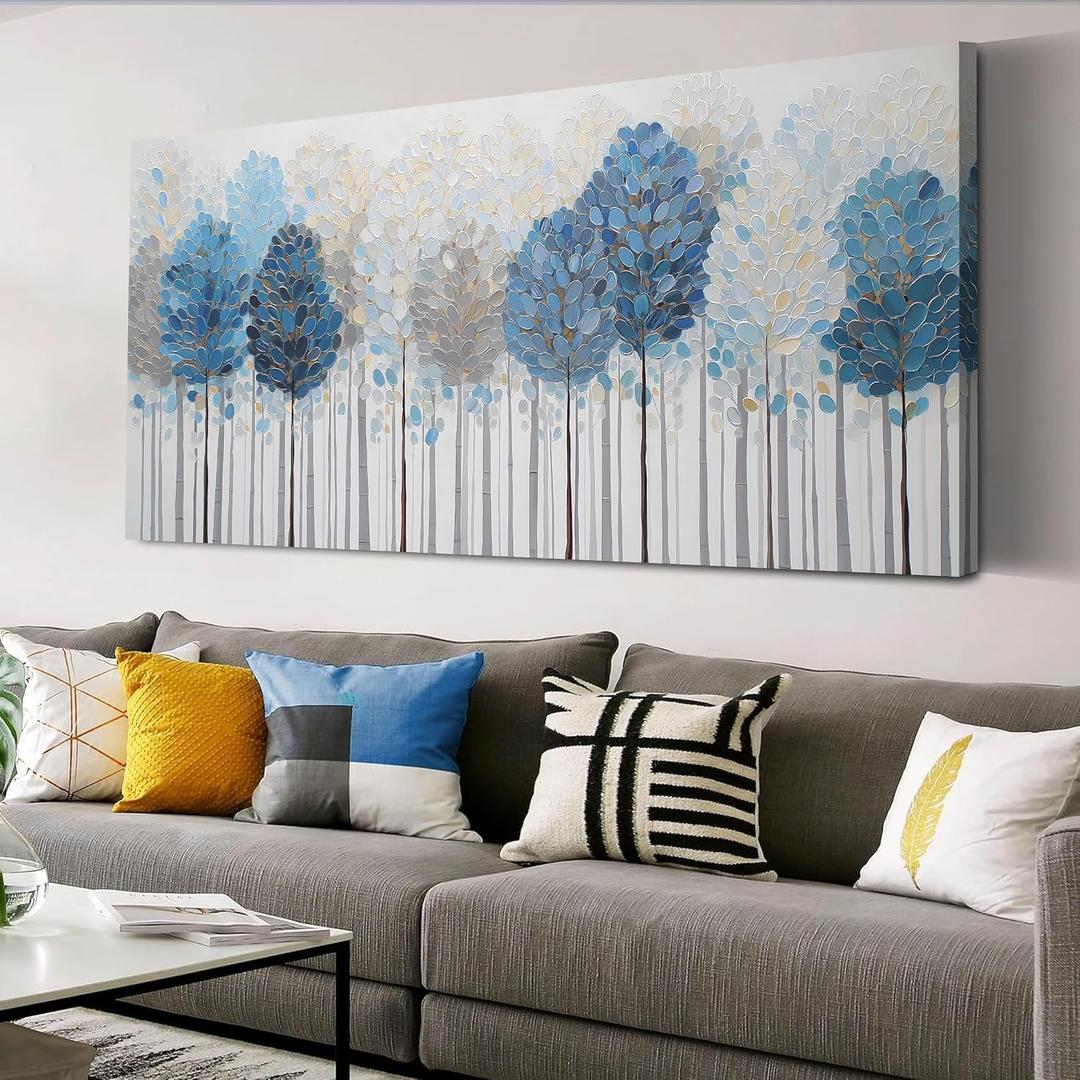 Trogonup Blue and White Tree Wall Art for Living Room Modern Forest Pictures Landscape Large Artwork for Bedroom Home Office Canvas Wall Decor 24"x48", 24L" x 48W"