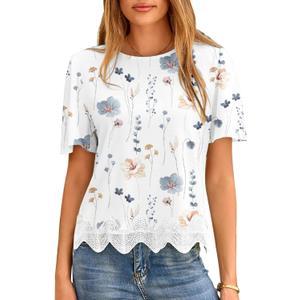LOLONG Womens Short Sleeve Printed Tops Summer 2026 Crew Neck Color Block Casual Blouses (White, L)