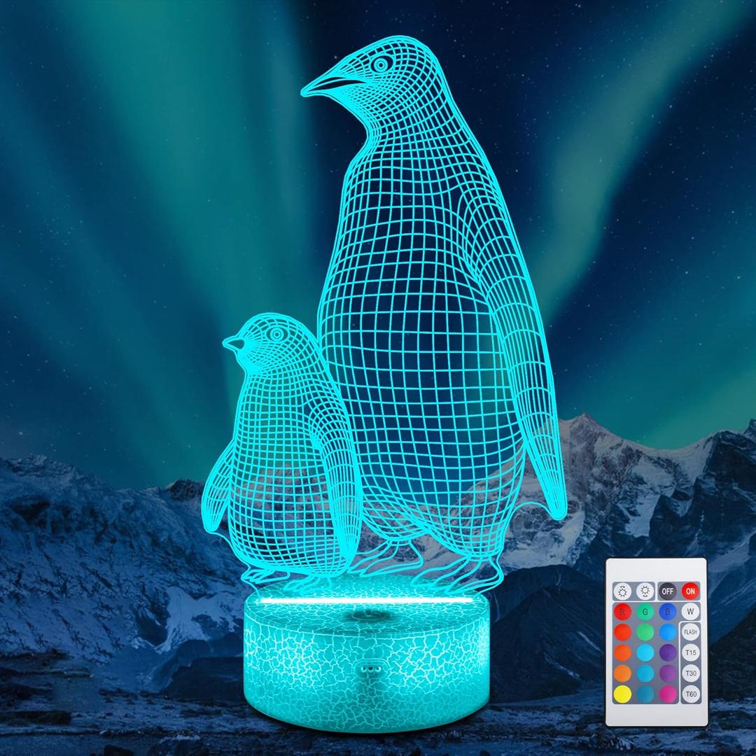 Lampeez Penguin Gift, Penguin 3D Night Light for Kids, 16 Colors Changing Illusion Lamp with Remote Control Dimmable Function 4 Flashing Mode, Kids Bedroom Decor Gifts for Boys Girls