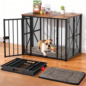 Dog Crate Furniture Foldable with Dog Bed Mat, 27" No Assembly Decorative Dog Kennel Indoor, Heavy Duty Small Collapsible Dog Crates for Small Dogs (Under 25 lb), Wooden Dog Cage