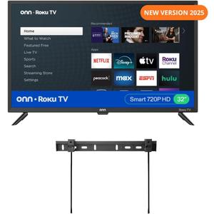 ONN 32-inch Roku Smart TV LED + Free Wall Mount with Wi-Fi Connectivity and Mobile App | Flat Screen TV Compatible with Apple Home Kit | Alexa and Google Assistant 