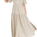 Women's Summer V Neck Short Puff Sleeve A Line Tiered Midi Dress Boho Empire Waist Long Flowy Beach Dress, Small 
