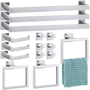 Gisafai 15 Pcs Bathroom Hardware Accessories Set 23.6 Inch Bath Towel Bar Kit Stainless Steel Bathroom Hardware Set Towel Racks Ring Hooks Paper Holder for Wall Mounted (Silver)