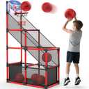 EagleStone Kids Adjustable Arcade Basketball Hoop with LED Lights & Scoreboard, 4 Balls Ball Storage Net, Indoor Outdoor Carnival Basketball Game Set for Boys & Girls Ages 3-12, Pump Included,Red Led Scoreboard