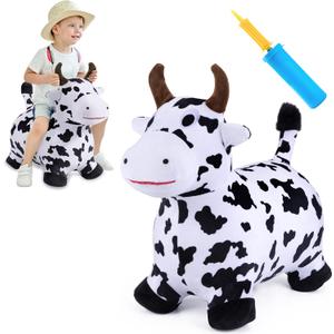 iPlay, iLearn Bouncy Pals Hopping Cow Horse, Toddler Girl Boy Inflatable Bouncing Animal Hopper Toy, Outdoor Indoor Plush Ride on Bouncer, Baby Birthday Gift 18 Month 2 3 4 Year Old Kid  Cow