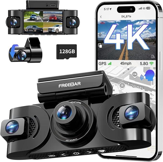 4K 360° Dash Cam, 4-Channel Dash Camera for Cars, Full Coverage Front Rear Left Right Inside with GPS, 5.8GHz Wi-Fi & App, Night Vision, Voice Control, 24H Parking Mode