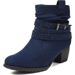 VJH Comfort Women's Mid Calf Boots, Round Toe Comfort Low Heel Slouchy Dress Booties with Buckle Strap Side Zipper(NAVY BLUE 6)