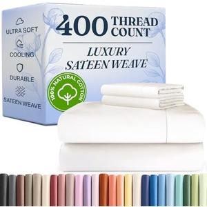 400 Thread Count Cotton Sheet Set - Cal King Size 100% Cotton Sheets - Easily Fits 8" to 16" Mattress - Silky-Soft, Wrinkle Free, Breathable & Comfy - Deep Pockets & Hotel Quality Bedding Set - White