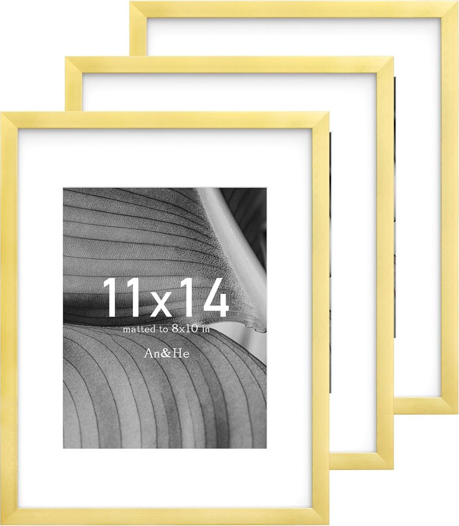 An&He 11x14 Picture Frame, Gold Photo Frame for Tabletop and Wall Display, Minimalist Design, Set of 3