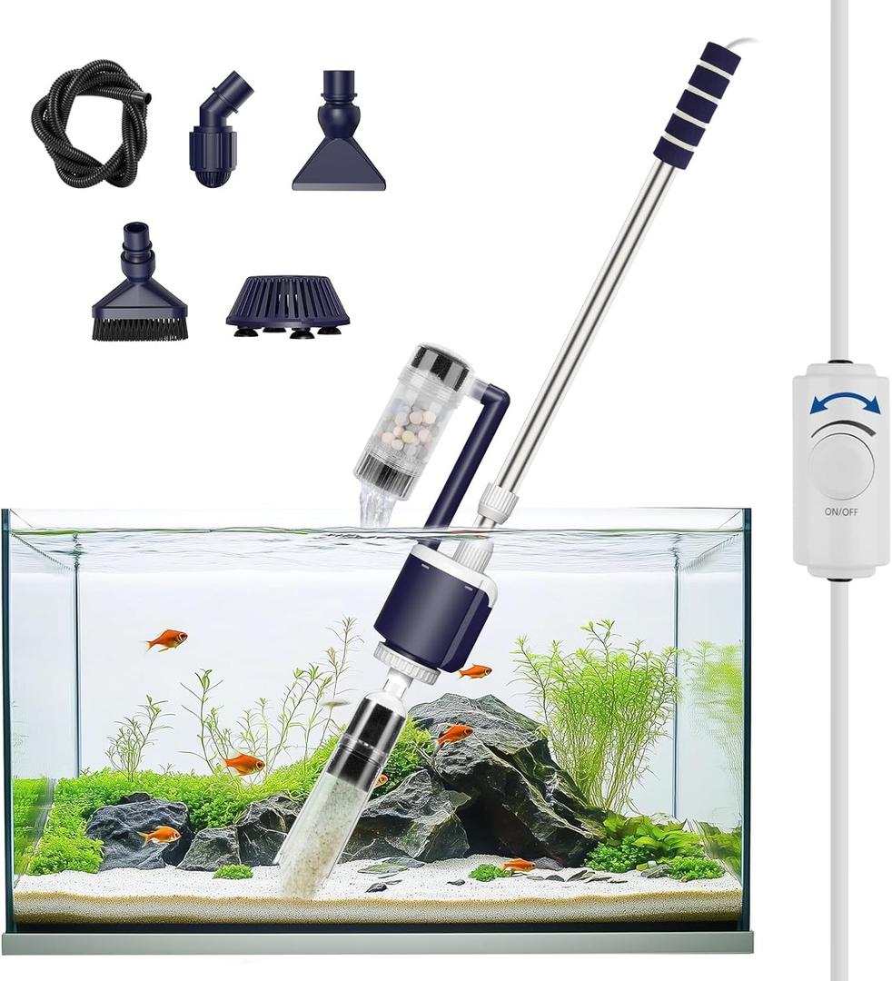 AQQA DC Fish Tank Cleaner, Electric Aquarium Water Changer with 6-in-1 Cleaning Heads & 3-Stage Filter Cup Stainless Steel Handle Gravel Vacuum for Fish & Turtle Tanks, Adjustable Flow 34W 600GPH