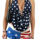 Womens Sexy Sparkly Halter Backless Going Out Top Deep V Plunge Tie Back Cute Sleeveless Club Date Night Concert Tank Tops