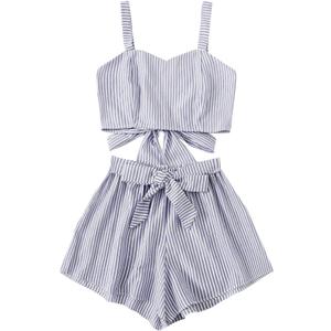 SweatyRocks Women's 2 Piece Outfits Summer Sleeveless Tie Back Crop Cami Top and Shorts Set (Large)