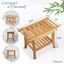 Bamboo Shower Stool Bench Waterproof with Storage Shelf, Includes 2 metal hanging hooks, 1 foot brush. Perfect for Shaving Legs or Spa Bath Seat in Bathroom & Inside Shower for Adults Seniors