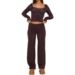 Dressmine Women Casual Pajamas Set 2 Piece PJs Sexy Square Neck Long Sleeve Tops Cute Pants Sets Srping PJ Clothes Coffee-Pink Flower,S (Brown, S)