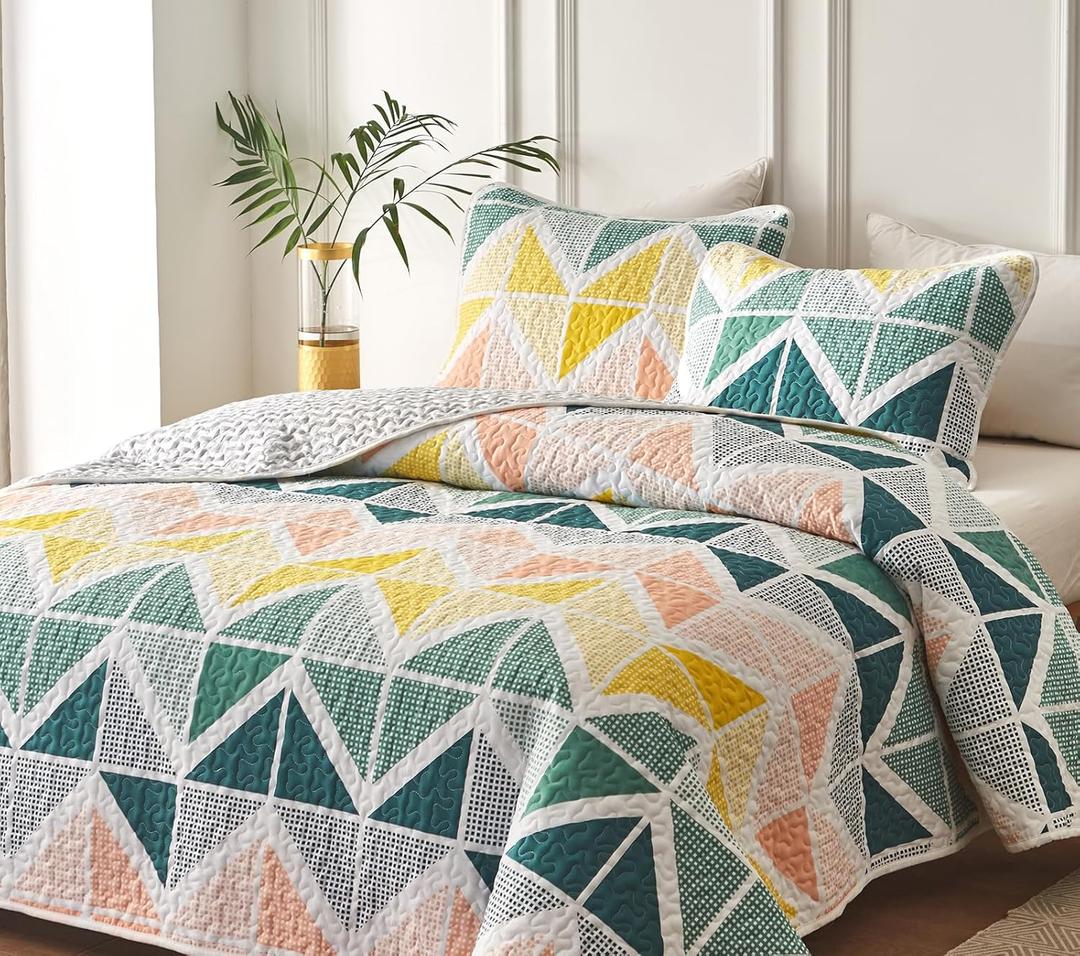 Quilt Set for Summer 3 Piece Reversible Colorful Quilt Set Twin Size with Dark Green Orange Yellow Cubes Microfiber Lightweight Cool Breathable Bedding Coverlet Set Bedspread for All Season (Twin (68x86), Green-yellow-orange)