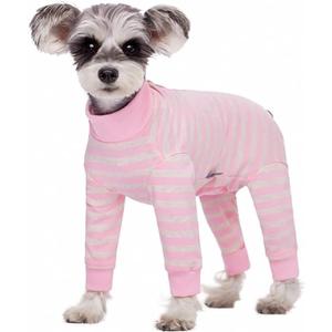Dog Striped Recovery Suit, Puppy After Surgery Onesie for Female Male Dogs, Dogs Cats Long Sleeve Pajamas Bodysuit, Surgery Abdominal Wound Bandages Clothes, Dog Pant for Shedding Skin Disease (Large, Light Pink)