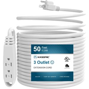 K KASONIC - 50-Feet 3 Outlet Extension Cord, UL Listed, 16/3 SJTW 3-Wire Grounded, 10 Amp 125 V 1625 Watts, Multi-Outlet Indoor/Outdoor Use, White