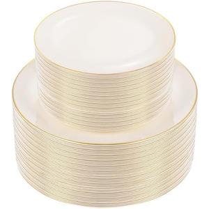 PULOTE 100PCS White  Plastic Plates - Cream Plastic Disposable Heavy Duty for Party & Thanksgiving - Include 50 Each (Dinner & Dessert) Plates