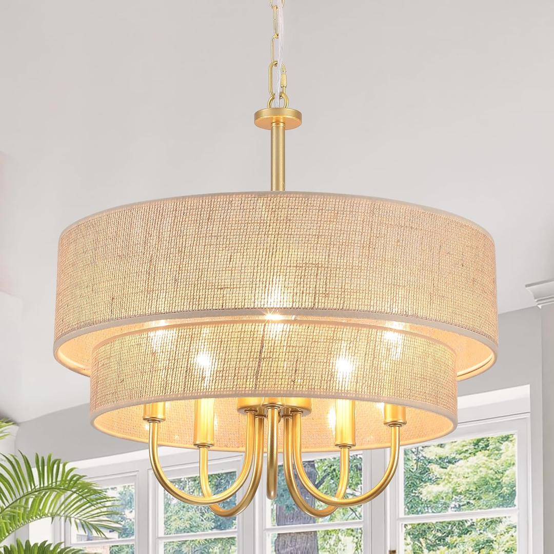 5-Light Modern Chandeliers for Dining Room, 18'' Drum Chandelier Light Fixture, Farmhouse Hanging Linen Drum Shade Chandelier Pendant Ceiling Light Fixture for Foyer Entryway Living Room, Gold