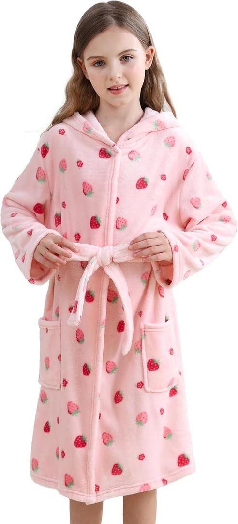 V.&GRIN Girls Fleece Hooded Robe, Kids Soft Plush Warm Printed Bathrobe Sleepwear Gifts (11-12 Years, Light Pink Strawberry)