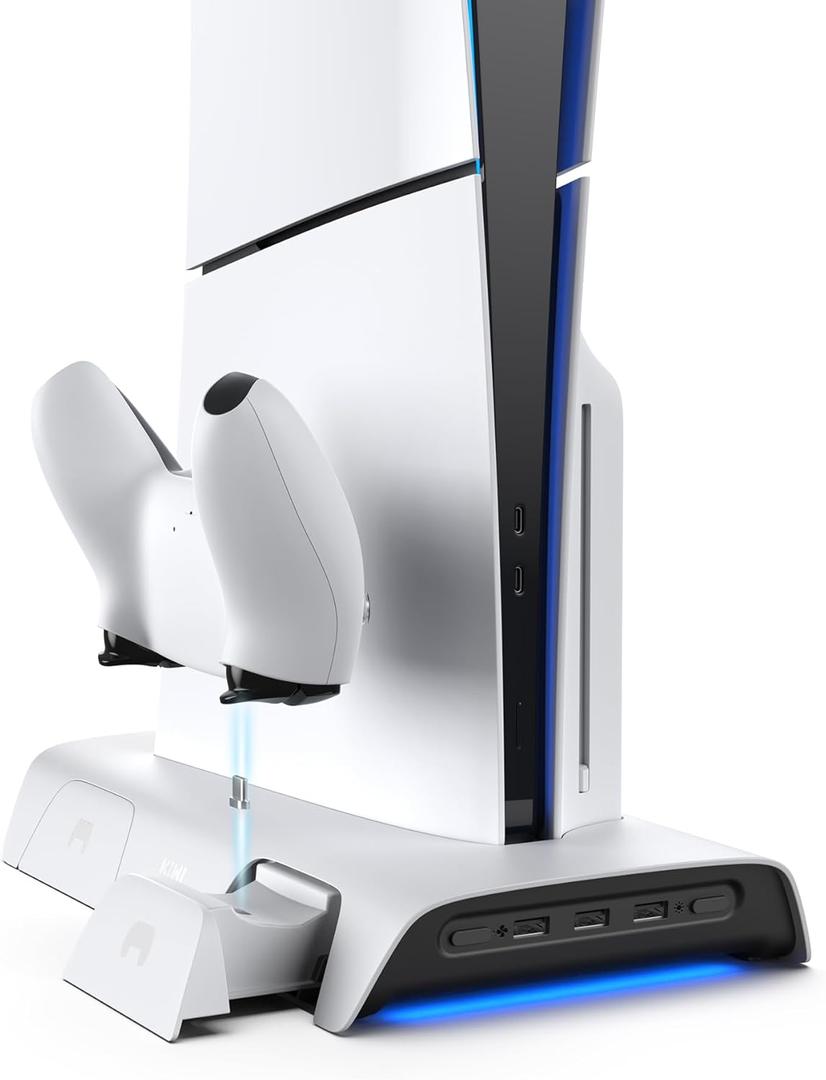 KIWI design D3 Cooling Station for PS5 Slim with Press-and-Pull Design, Controller Charging Station with Magnetic Dongles, Vertical Stand with High-Speed Cooling Fan and RGB for PS5 Slim Accessories