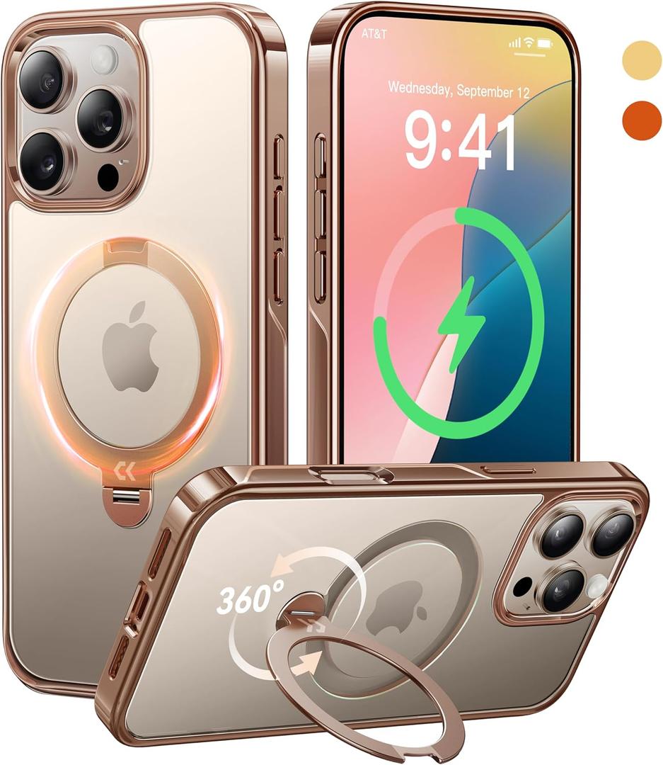 CASEKOO 360 Spin Magnetic Stand for iPhone 16 Pro Max Case Desert Titanium [Compatible with Magsafe][16FT Military Protection] Slim Hand-Polished Frame Titanium Alloy Sturdy Stand 6.9", Rose Gold