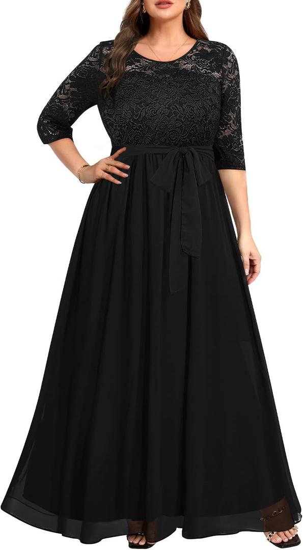 Women's Plus Size Lace Chffon Long Maxi 3/4 Sleeve V-Back Formal Dress (Black), 16 Plus 