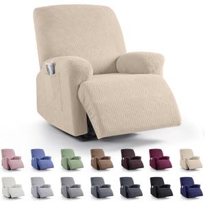 KinCam Recliner Covers, Stretch Reclining Chair Covers, Recliner Sofa Slipcovers Stripe Jacquard Recliner Couch Covers Furniture Protector Covers for Pet Kid (1 Seater, Vanilla)