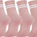 Womens 4Pcs Pilates Grip Socks Non Slip Yoga Socks with Grips Barre Hospital Athletic Socks for Women (Pink)