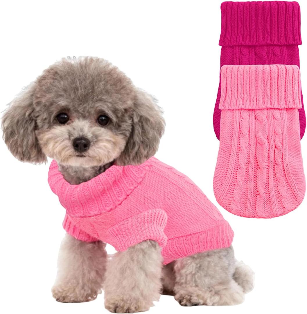 2 Pcs Cutie XXS Dog Sweater Turtleneck Knitted Warm Puppy Sweater Small Dogs Solid Clothes Winter Pet Cat Sweaters Cold Weather Puppy Clothes (Rose,red)