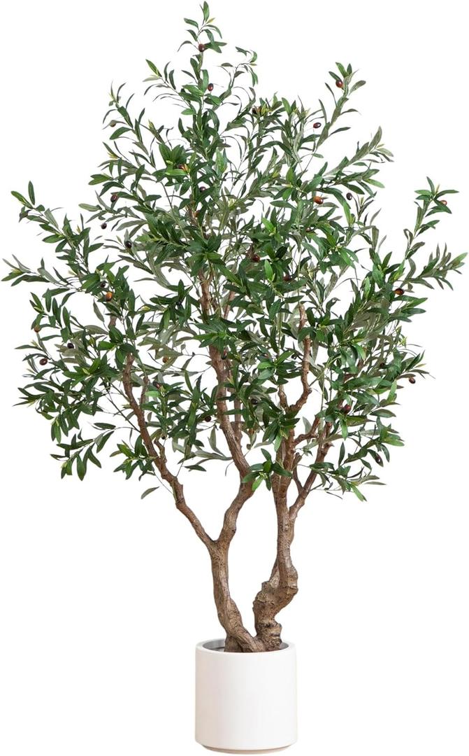 Nearly Natural 6ft. Artificial Grand Olive Tree in White Decorative Planter