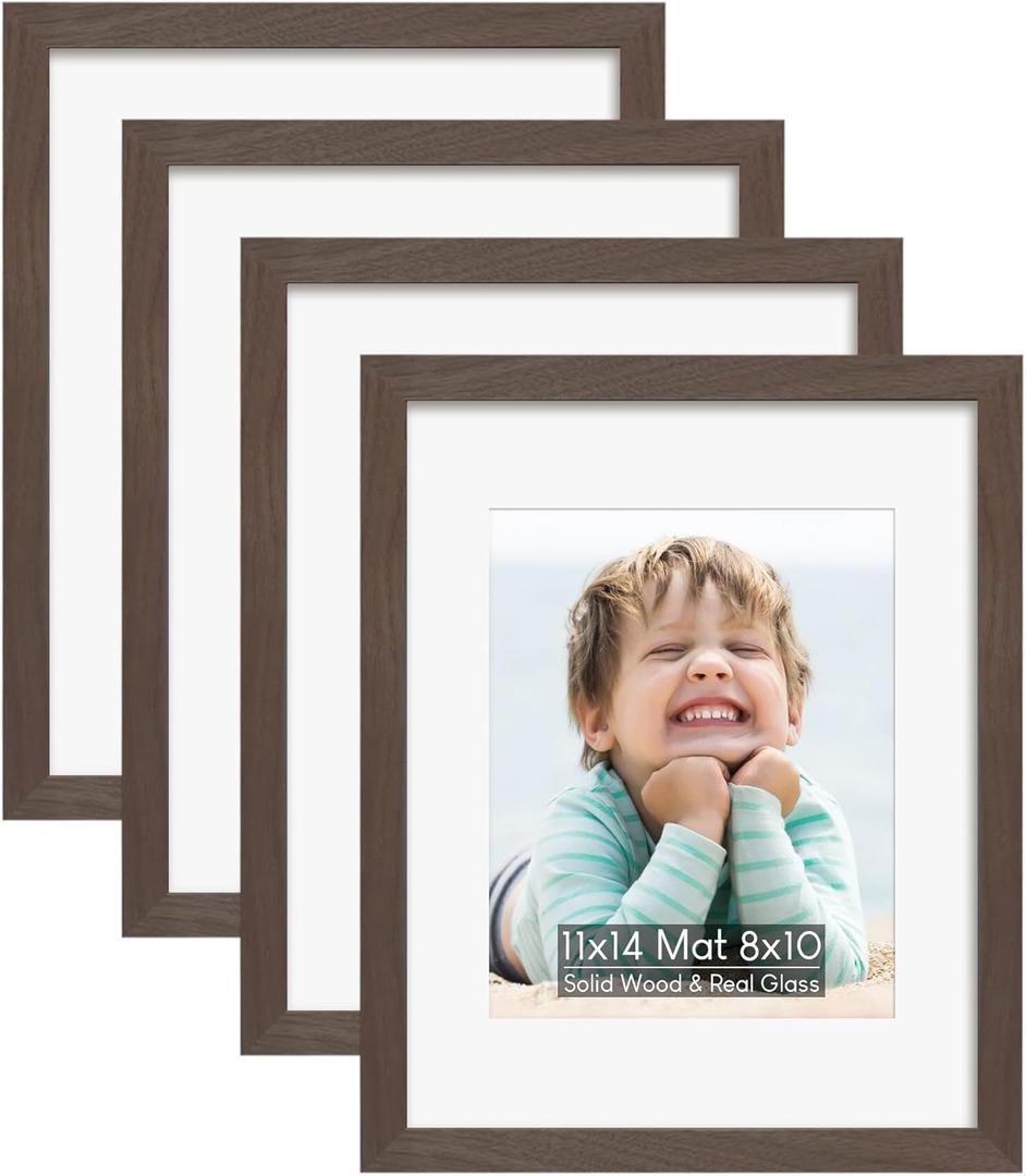 11x14 Picture Frame Set of 4, Holds 8x10 Photos with Mat or 11x14 without Mat, Solid Wood and Real HD Glass for Wall Mount, Picture Frames Collage Wall Dcor, Malnut (Walnut)