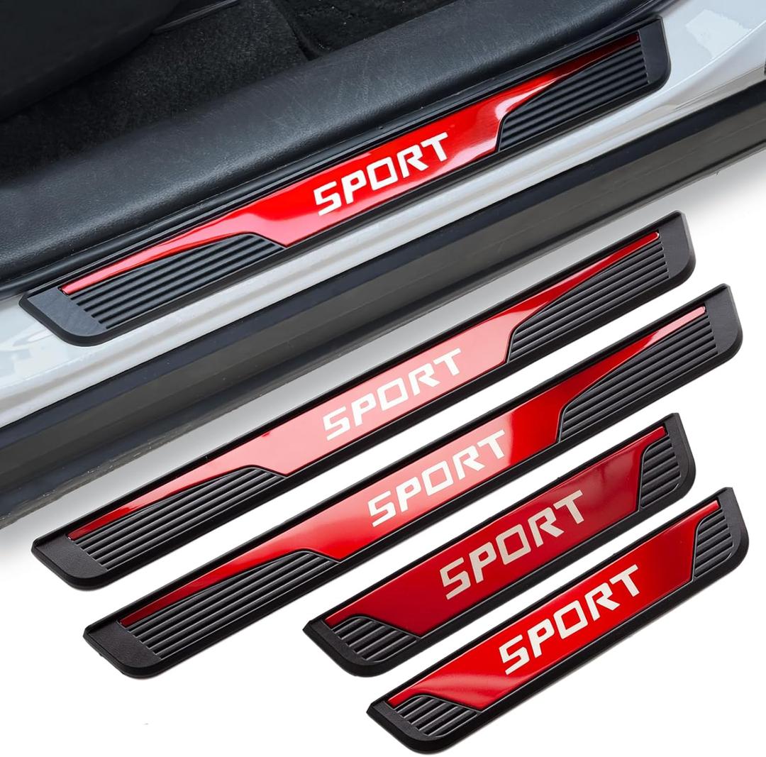 4Pcs Stainless Steel Car Door Sill Protectors Door Threshold Protector Front and Rear Doors Car Pedal Kick Protection Door Sill Scuff Plate car Trim Sport(Door Width 1.97" Red)