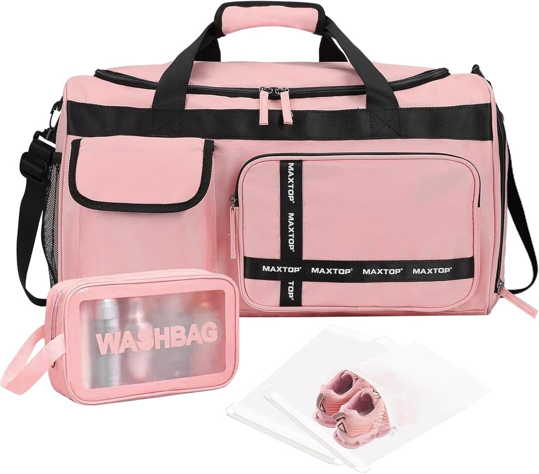MAXTOP Gym Bag for Women Men Travel Duffle Bag Large Capacity Carry On Weekender Overnight Bag With Shoe Compartment Gym Tote Dry Wet Separation Duffel Bag for Travel (Pink Set)