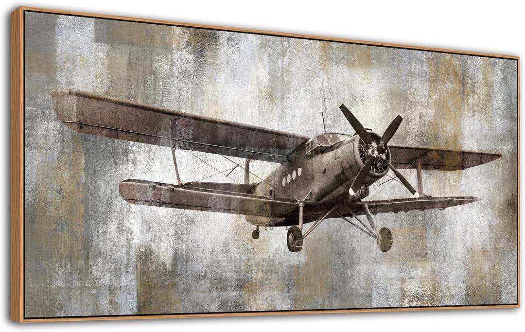 Framed Vintage Airplane Wall Art - Retro Aircraft Canvas Pictures Grey-tone Abstract Background Wall Decor Rustic Elegance Canvas Print Aesthetic Painting Artwork Home Office Decor 29" x 58"