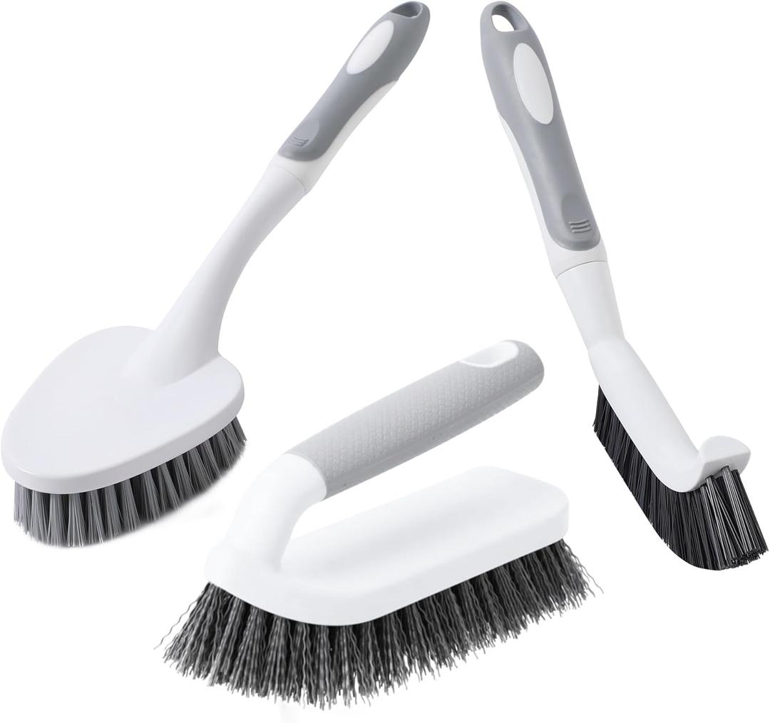3 Pcs Scrub Brush,Multifunctional Cleaning Brush Set with Non-Slip Handle and Sturdy Bristles,Scrub Brushes for Cleaning Bathroom,Kitchen,Grout,Tile,Grey