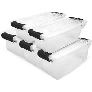 HOMZ 5-Pack Latching Lid, Clear Plastic Storage Organizer Bins, 7.5 Quart, Gray Latch - Stackable Organizing Containers for Home, Garage, and Office