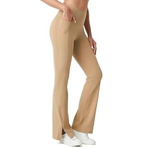 AFITNE Women's Flare Leggings Yoga Pants with Pockets High Waisted Tummy Control Workout Casual Flared Bootcut Wide Leg Pants 30" Khaki S