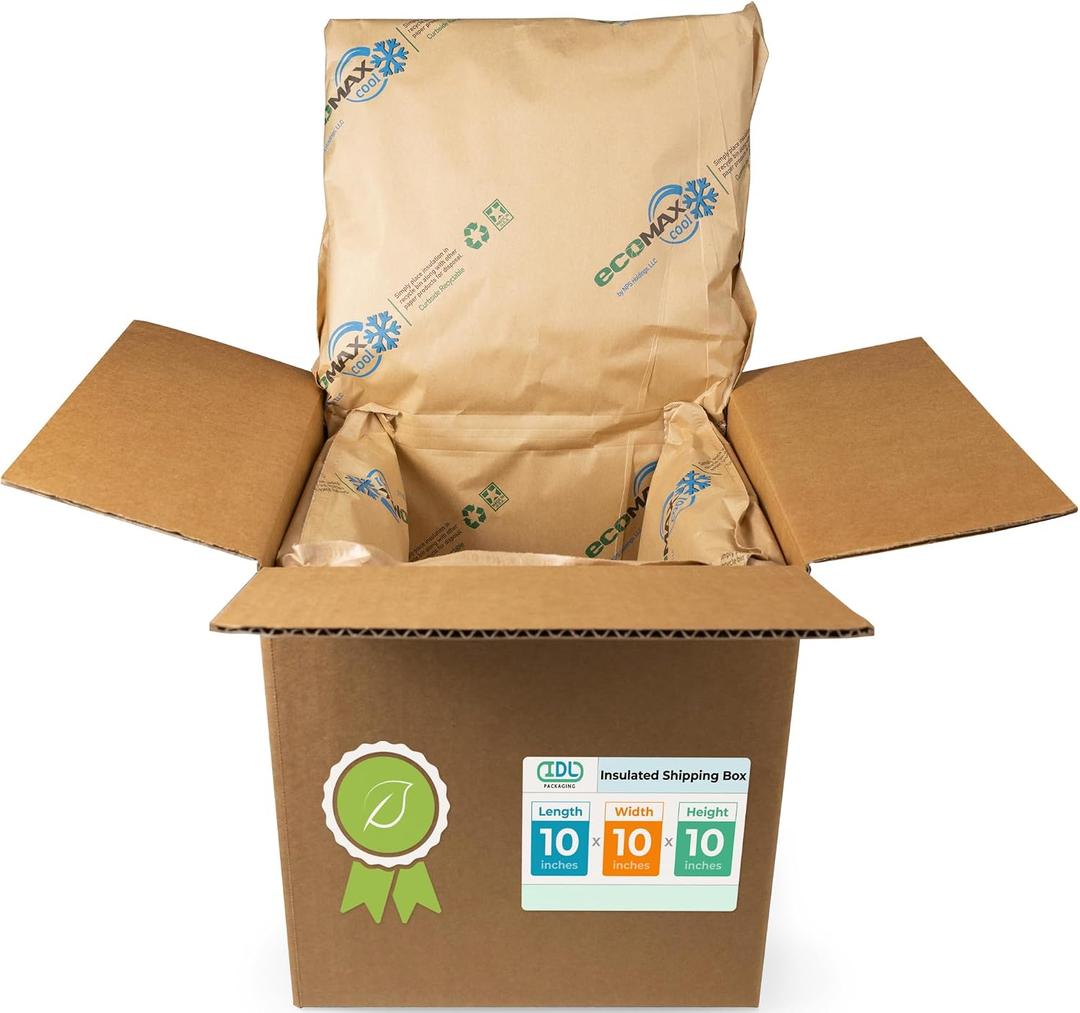 IDL Packaging 10" x 10" x 10" Insulated Shipping Box, 1.5-Gallon Capacity, Pack of 1 - Includes EcoMax Thermal-Paper Liners, Absorb Condensation - For Frozen Food, Meat, or Fish