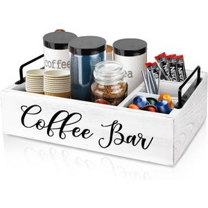 MINCORD Coffee Station Organizer Wooden Coffee Bar Holder Accessories for Countertop, Farmhouse Kcup Pod Storage Basket with Handle - White