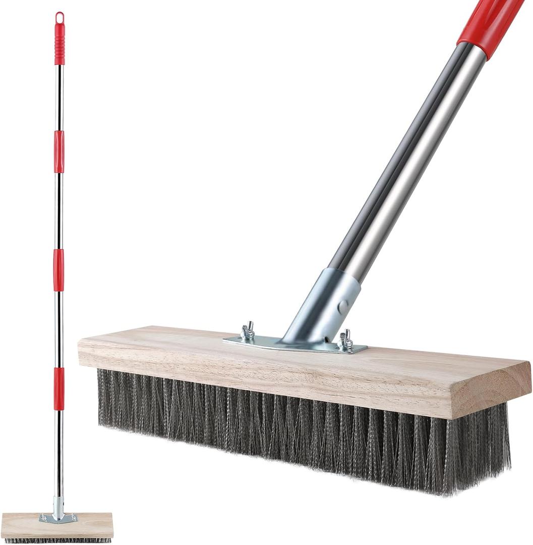 Heavy Duty Wire Broom with Telescopic Handle(57IN), Stiff Metal Bristle Brush for Removing Weed Moss, Outdoor Floor Scrub Brush for Patio, Deck, Garden, Concrete, Garage