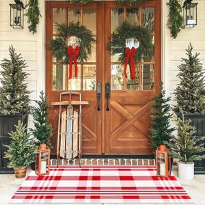 Fallovea Christmas Rugs Red and White Plaid, 4'x6' Area Rug Outdoor Indoor Front Porch Doormat Cotton Hand-Woven Layered Door Mats for Entryway Patio Entryway Laundry Bedroom Living Room