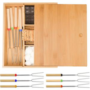 Smores Kits,Bamboo Smores Box with a Lid,Smores Caddy with 6Pcs Extendable Marshmallow Roasting Sticks,Exquisite Smores Kit for Fire Pit Outdoor - Perfect for Outdoor Parties, Entertaining, Camping