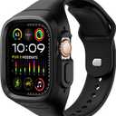 SURITCH Sport Band for Apple Watch Ultra 4/3/2/1 Case with Band 49mm, Soft Silicone Shockproof Rugged Protective Replacement Strap with Case for Women Men, Black