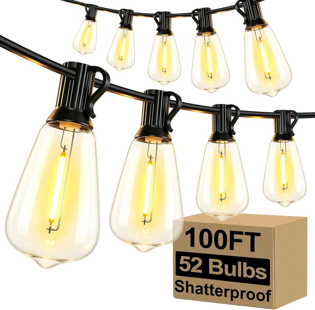 LED Outdoor String Lights 100FT Patio Lights with 52 Shatterproof ST38 Vintage Edison Bulbs, Outside Hanging Light Waterproof for Porch, Deck, Garden, Backyard, Balcony, 2700K Dimmable