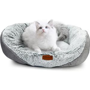 Luxury Calming Pet Bed for Cats & Small Dogs, All-in-One Machine Washable Long Fur Plush with Bolster, Non-Slip Waterproof Bottom & Orthopedic Support for Warmth, 20x19 Inch, Light Grey