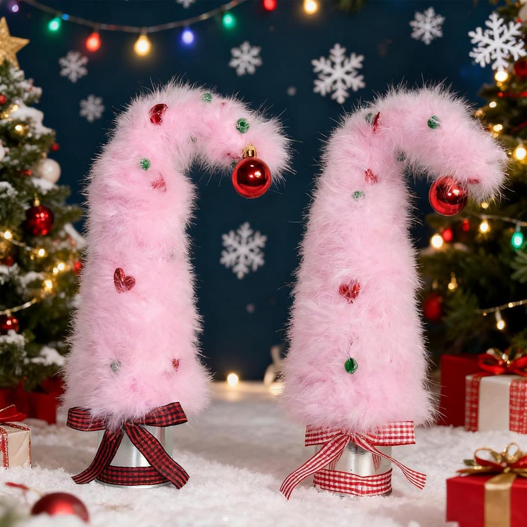 Set of 2 Pink Christmas Table Tree - 17 Plush Christmas Tabletop Mini Tree Decorations with Red Balls, Indoor Xmas Home Decor for Table Office Mantle