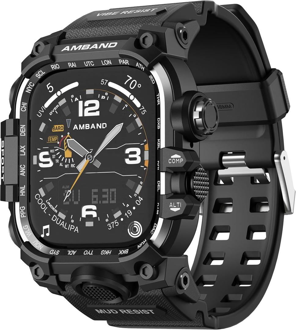 amBand Rugged Case with Band for Apple Watch 46mm, Compatible with Apple Watch (iWatch) Series 10 11, Military Grade Shockproof Bumper Cover, Tactical Band for Men, Matte Black
