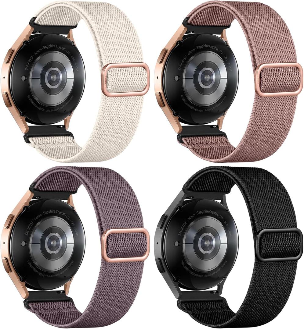 DaQin 4 Pack Stretchy Nylon Solo Loop Bands Compatible with Samsung Galaxy Watch 7 6 5 4 Band 40mm 44mm, Galaxy Watch 5 Pro/Watch 6 4 Classic Band/Active 2,20mm Soft Sport Band for Samsung Watch Bands (Black/Starlight/Pink/Smoke Violet)