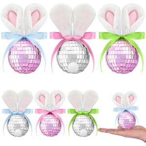 6 Pcs Easter Bunny Table Decorations Disco Ball Tabletop Decor Silver and Pink Easter Bunny Figurines Cute Rabbit Table Centerpieces for Home Office Spring Disco Party Mantel Decor Gifts